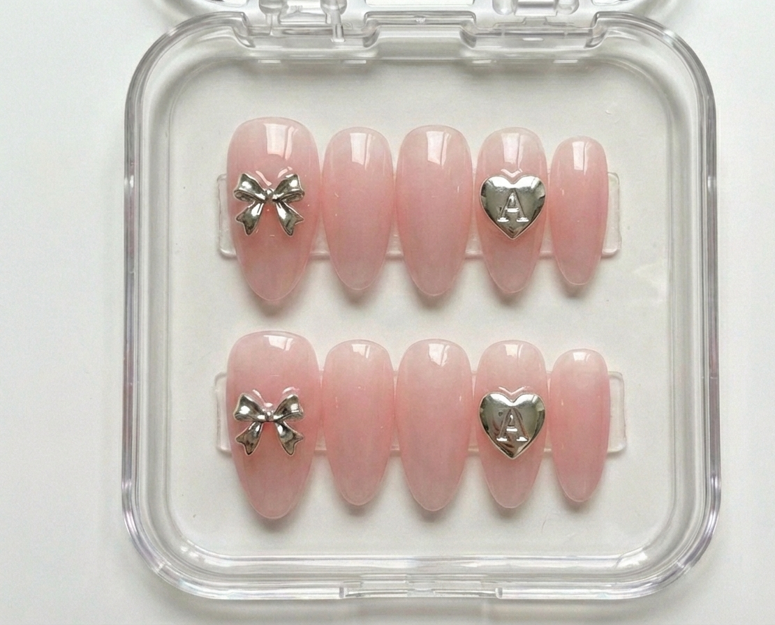 Blush Pink Jelly Nails, Silver Chrome Bow Charms, Coquette Nails, Almond Press Ons, Heart Initial Nails, Reuseable Custom Size - PN251278