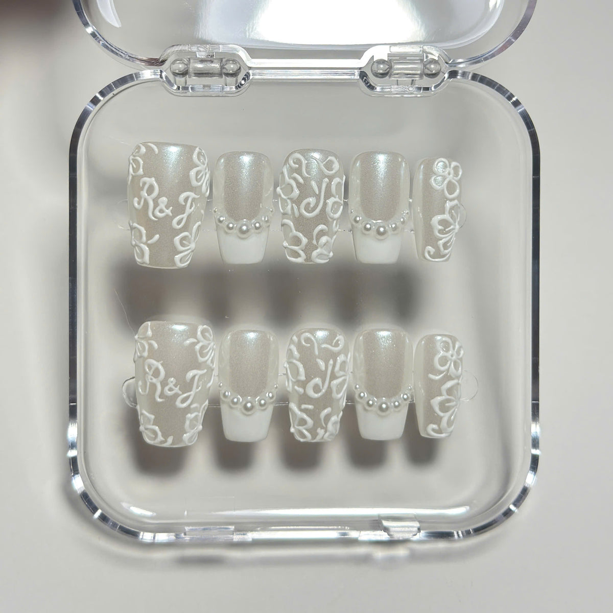 Rich Wife Nails Wedding Date Press on Nails, Monogram Bridal Shower Nails, Pearl Glazed White Lace 3D Floral Luxury Reusable Handmade Set - BR260502