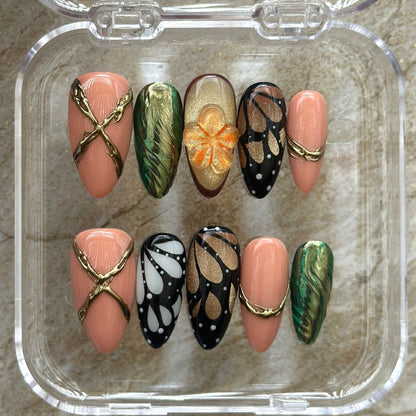 Butterfly Wing Press on Nails, Autumn Forest Glue ons, 3D Flower Nail Art, Earthy Green Chrome Nails, Monarch Wing Nails, Whimsical Fall - PN251302