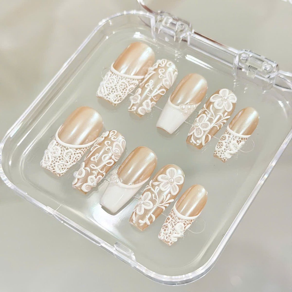 Rich Wife Nail, Custom Monogram Bridal Press on Nails, 3D Floral Lace Wedding Nails, Pearl White Glazed French Luxury Reusable Nails - BR260501