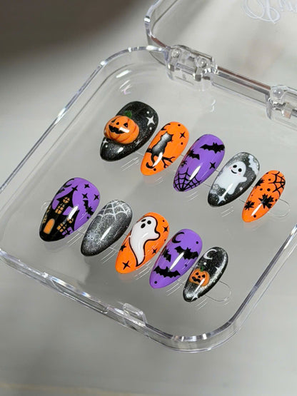 Rich Wife Nails, Halloween Ghost Press On Nails, 3D Pumpkin Cat Spooky Set, Orange Purple Black Gel Almond Nails, Reusable Custom Size Set - CT260905