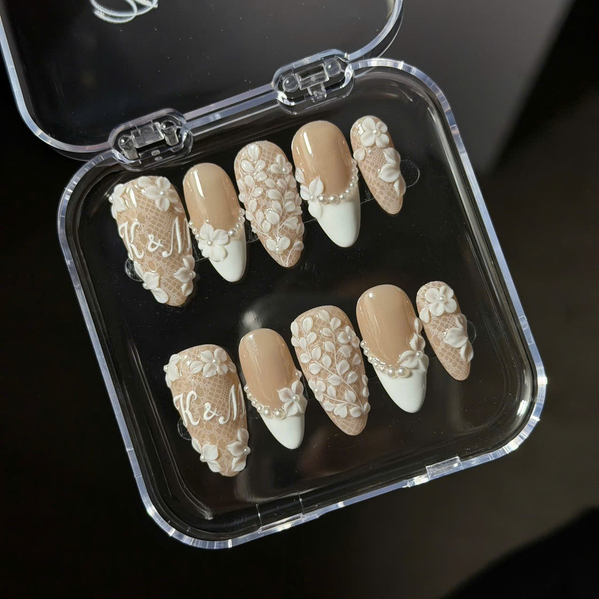 Rich Wife Nails, Bridal Monogram Press On Nails, 3D White Floral Lace Set, Pearl French Nude Wedding Reusable Soft Gel False Nails - BR260526