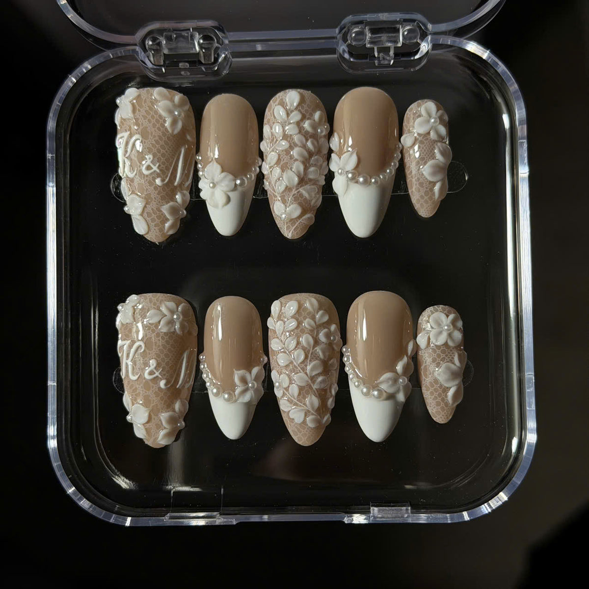 Rich Wife Nails, Bridal Monogram Press On Nails, 3D White Floral Lace Set, Pearl French Nude Wedding Reusable Soft Gel False Nails - BR260526