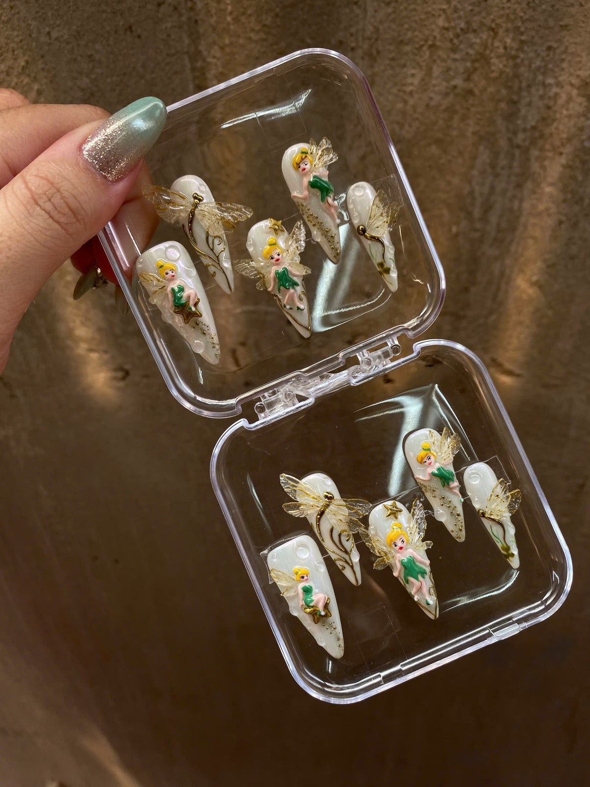 Tinkerbell Fairy Press on Nails, 3D Dragonfly Glazed Opal Wedding Set, Gold Pixie Dust Fantasy Reusable Soft Gel False Nails, Gift For Her - CT260902