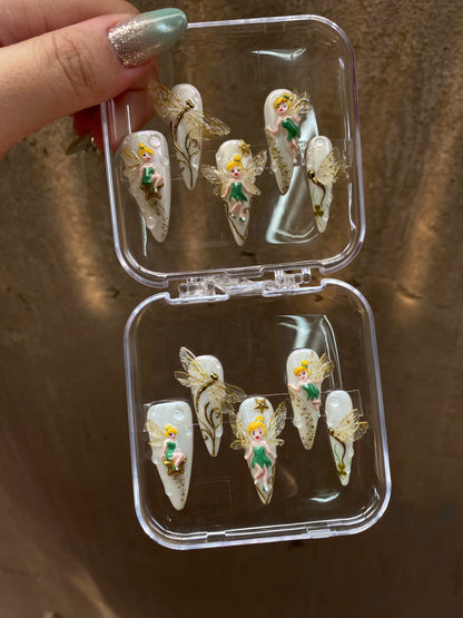 Tinkerbell Fairy Press on Nails, 3D Dragonfly Glazed Opal Wedding Set, Gold Pixie Dust Fantasy Reusable Soft Gel False Nails, Gift For Her - CT260902