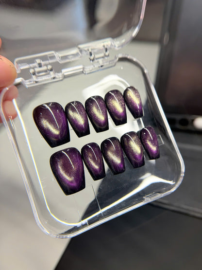 Purple Gold Cat Eye Press on Nails, Magnetic Luxury Nails, Old Money Aesthetic Reusable Nails, Custom Size Handcrafted Gel Glue on Set - PN251138