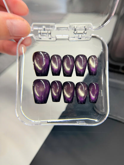 Purple Gold Cat Eye Press on Nails, Magnetic Luxury Nails, Old Money Aesthetic Reusable Nails, Custom Size Handcrafted Gel Glue on Set - PN251138
