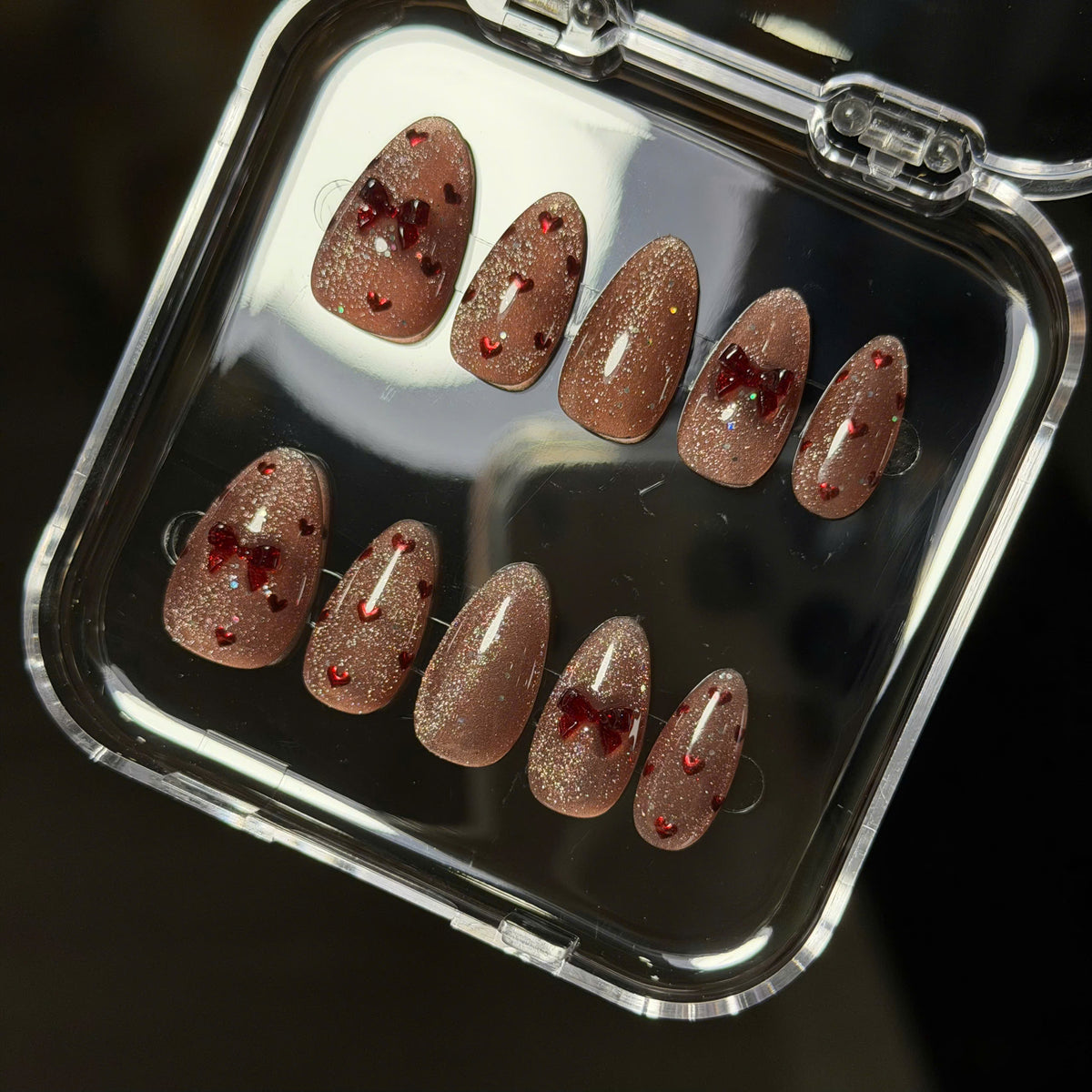 Rose Gold Cat Eye Press On Nails, 3D Red Bow, Tiny Heart Art, Pink Velvet Coquette, Handmade Reusable False Manicure, Soft Gel, Pinneacle - PN251194