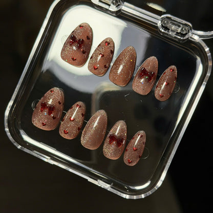 Rose Gold Cat Eye Press On Nails, 3D Red Bow, Tiny Heart Art, Pink Velvet Coquette, Handmade Reusable False Manicure, Soft Gel, Pinneacle - PN251194