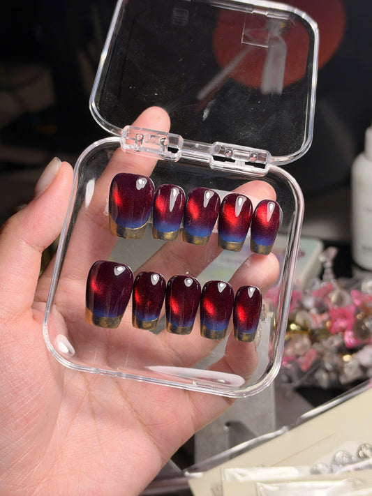 Amber Cat Eye Press On Nails with Navy Ombre & Gold French Tip - Wedding Brial Nails - Luxury Old Money Look - Fall Luxury - Handmade Magnetic Nail Set - Custom Size Set - PN251140
