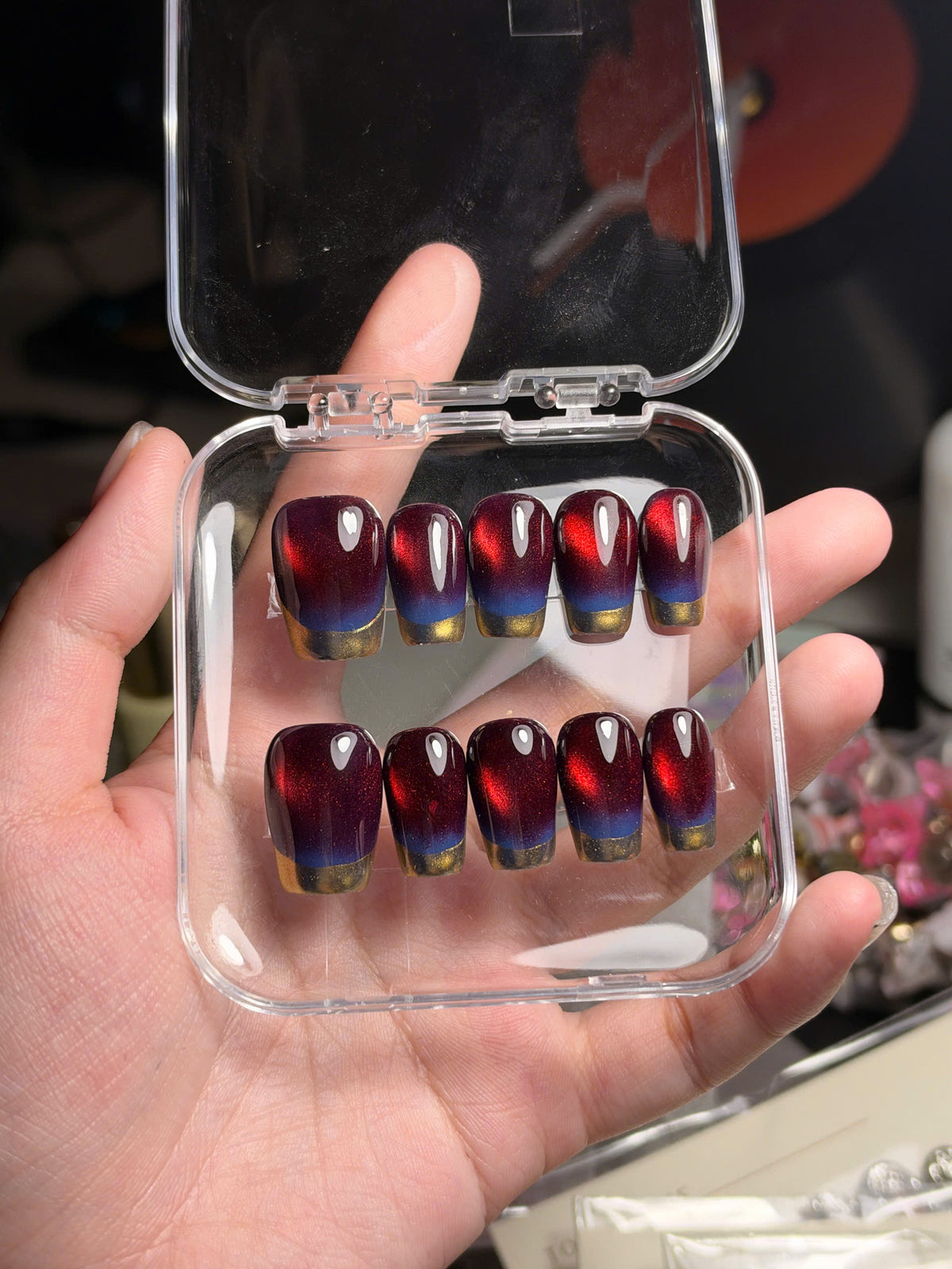 Amber Cat Eye Press On Nails with Navy Ombre & Gold French Tip - Wedding Brial Nails - Luxury Old Money Look - Fall Luxury - Handmade Magnetic Nail Set - Custom Size Set - PN251140