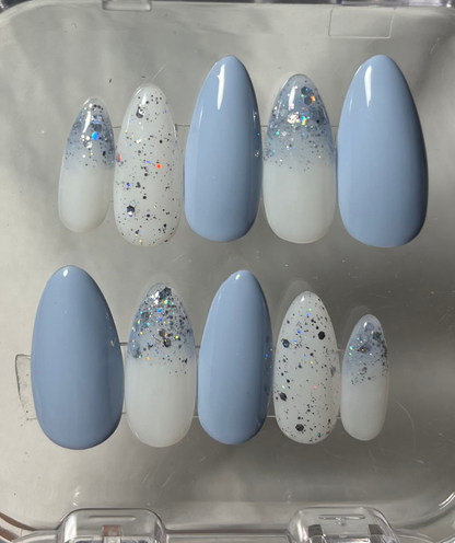 Baby Blue Press-On Nails with Glitter Accent - Soft Blue Milky White - Clean Girl Aesthetic - Custom Size Set - PN251131