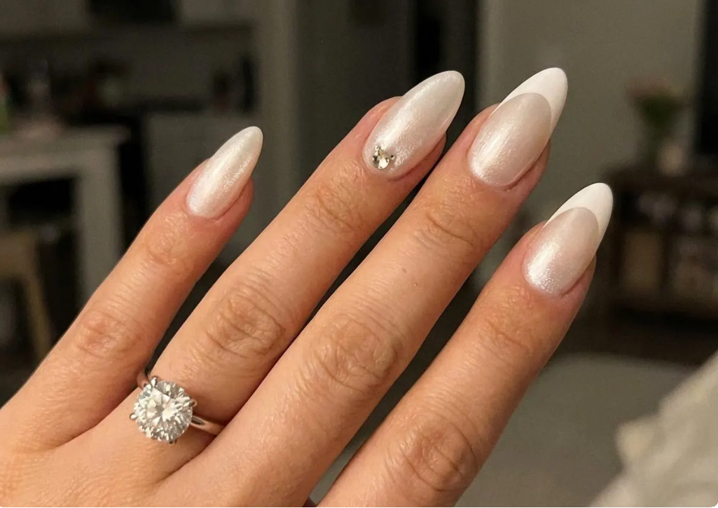 Pearl French Tip Wedding, Engagement Press On Nails - White on White Nails with Crystal Accent - Elegant Soft Gel - Custom Size Set - PN251125