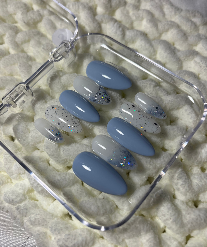 Baby Blue Press-On Nails with Glitter Accent - Soft Blue Milky White - Clean Girl Aesthetic - Custom Size Set - PN251131