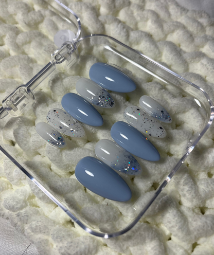 Baby Blue Press-On Nails with Glitter Accent - Soft Blue Milky White - Clean Girl Aesthetic - Custom Size Set - PN251131