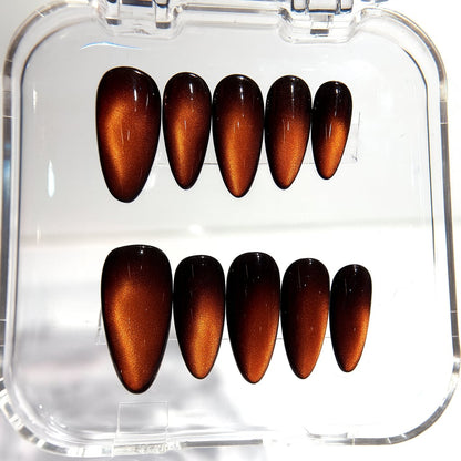 Orange Cat Eye Press On Nails - Burnt Orange Magnetic - Handmade Nails - Fall Luxury - Handmade Magnetic Nail Set - Custom Size Set - PN251129