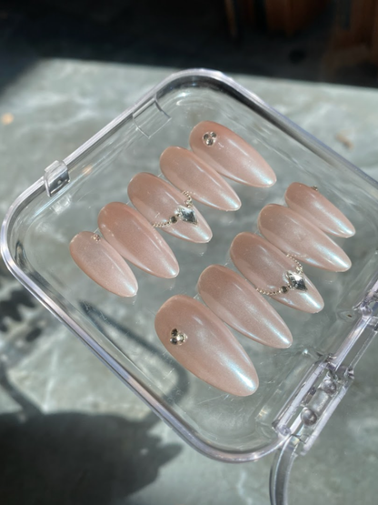 Pink Chrome Press On Nails with Stone Accents - Luxury Nail Set - Clean Girl Press On - Brial Engagement Nail Set - Custom Size Set - PN251104