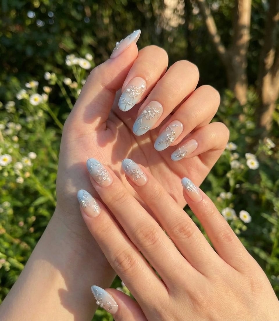 Blue Floral Press On Nails - Baby Blue Ombré Nails with 3D Flowers - Soft Elegant Nails - Korean Style Gel Nails - Custom Size Set - NM233031