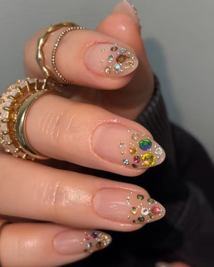 Nude Pink Rainbow Rhinestone Press On Nails - Bridal Wedding - Colorful Crystal Confetti - Y2K McBling Gem - Sparkly Festival - Custom Size Set - PN251226