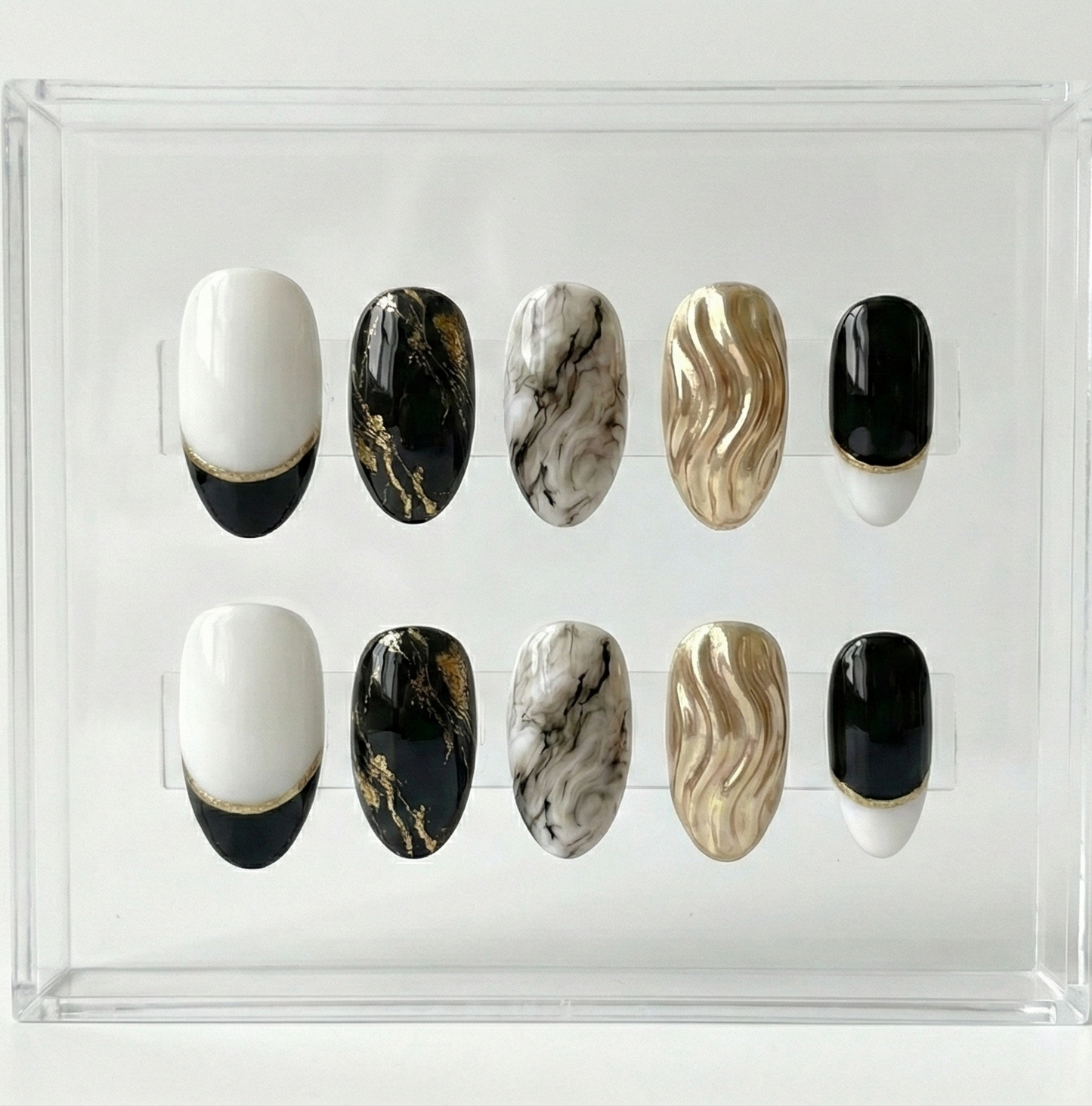 Black and White Marble Press On Nails - 3D Gold Chrome Liquid Metal - Abstract Foil Art - Modern Color Block - Custom Size Set - PN251220