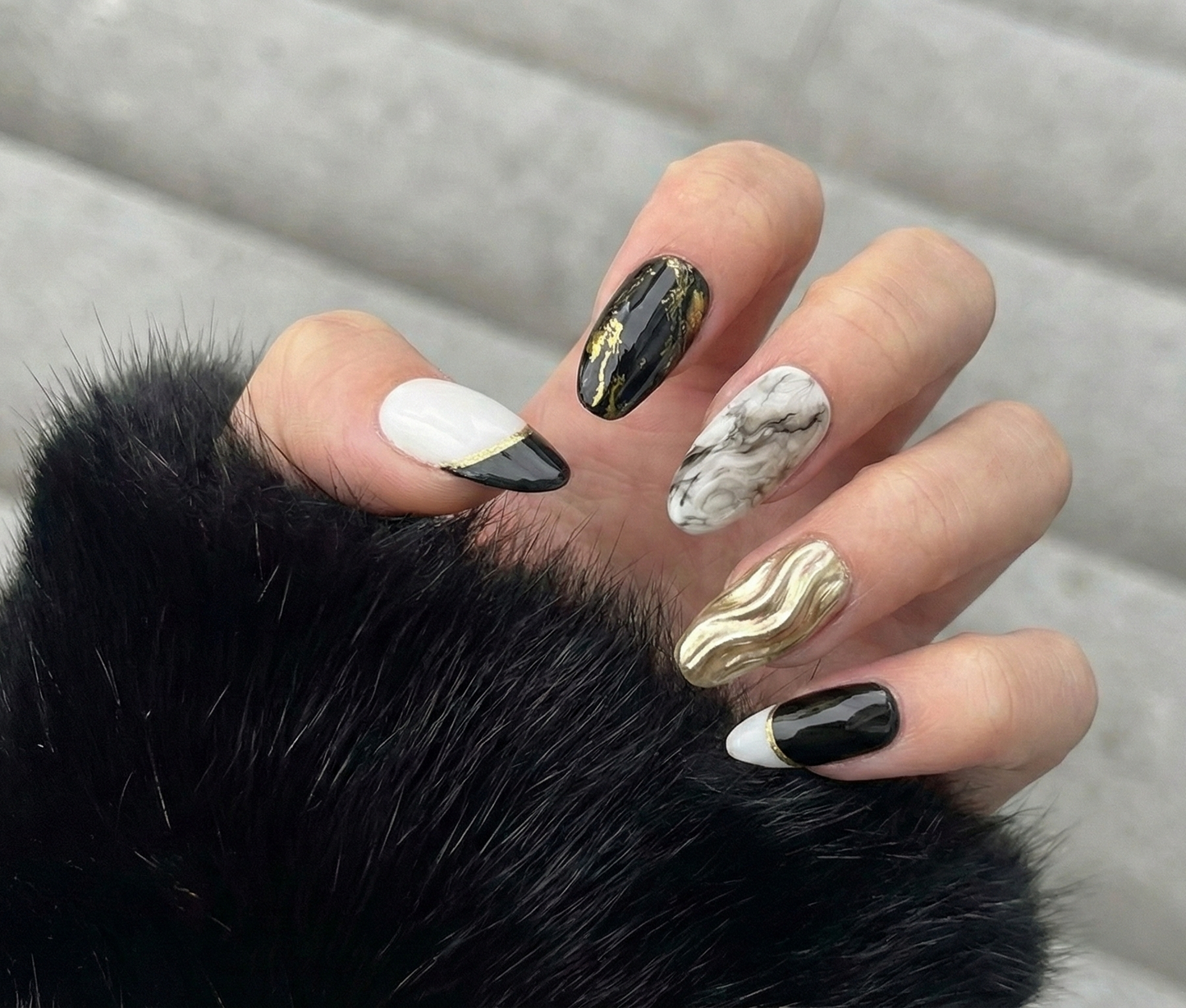 Black and White Marble Press On Nails - 3D Gold Chrome Liquid Metal - Abstract Foil Art - Modern Color Block - Custom Size Set - PN251220