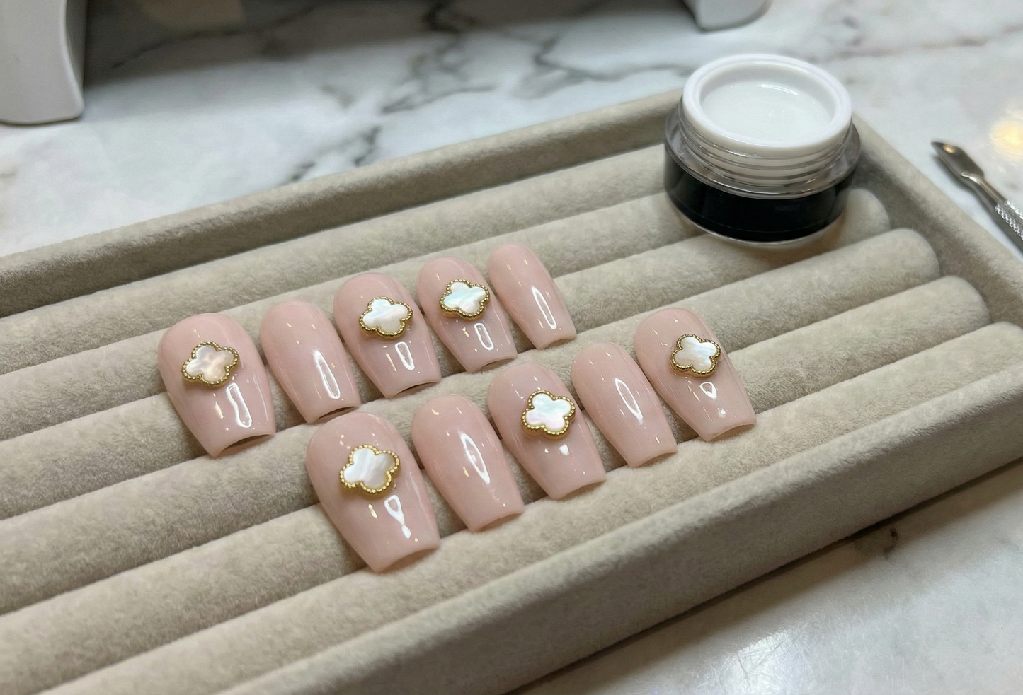 Nude Pink  Press On Nails - Gold Clover Charm - Soft Luxury Minimalist Pearl Art - Brial Engagement Nail Set  - Custom Size Set - PN251143