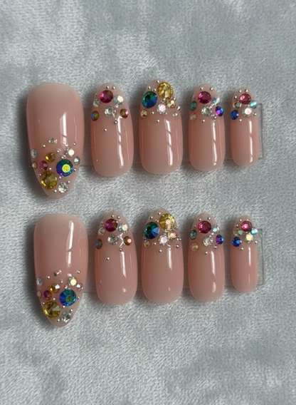 Nude Pink Rainbow Rhinestone Press On Nails - Bridal Wedding - Colorful Crystal Confetti - Y2K McBling Gem - Sparkly Festival - Custom Size Set - PN251226