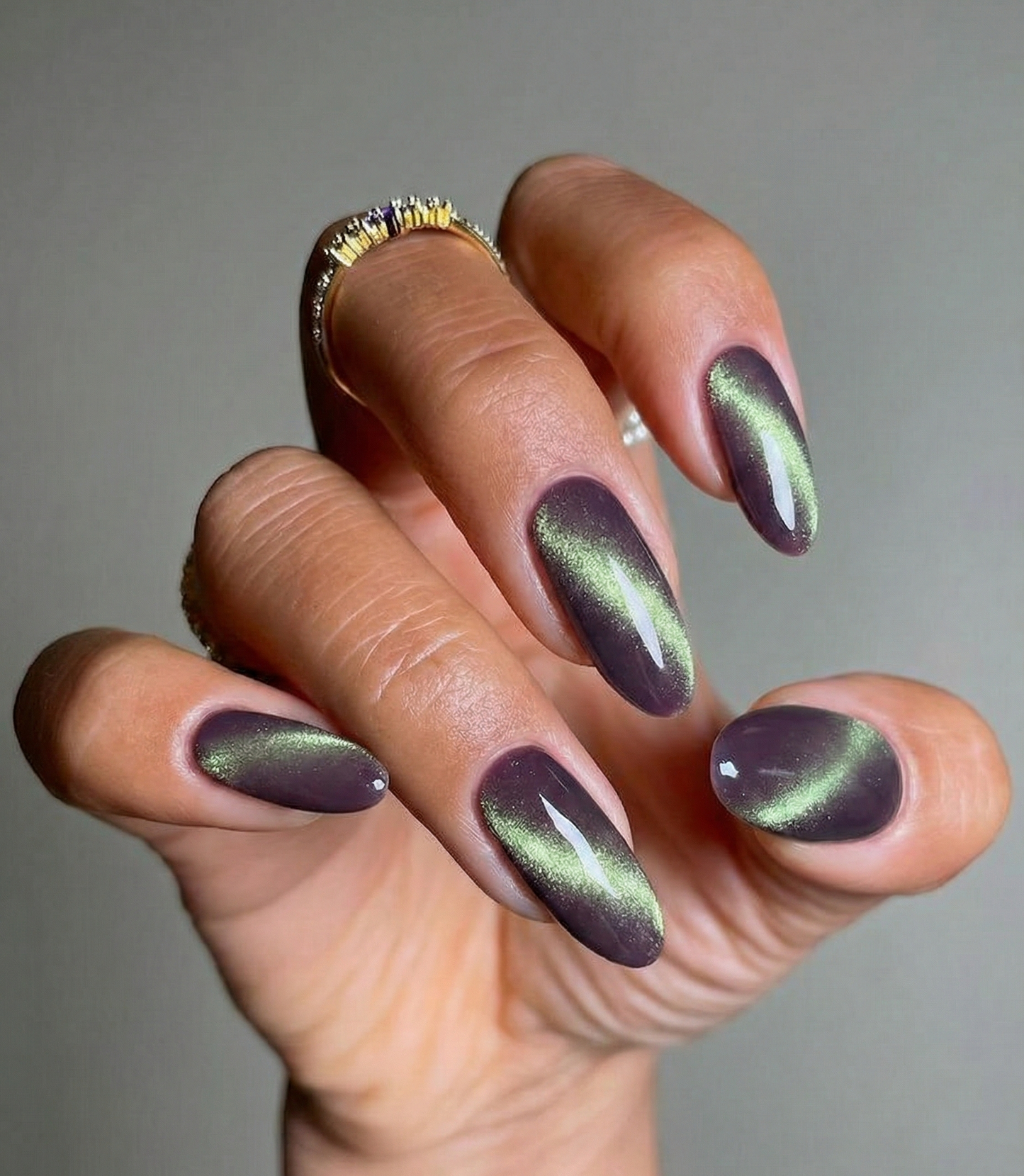 Purple Green Cat Eye Press On Nails - Velvet Magnetic Aurora - Northern Lights Galaxy - Witchy Dark Gel - Custom Size Set - PN251223