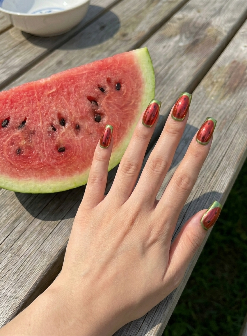 Watermelon Chrome Press On Nails - Red & Green Metallic Fruit Art - Summer Vacation Beach - Y2K Cyber French Tip - Custom Size Set - PN251224