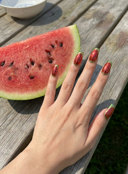 Watermelon Chrome Press On Nails - Red & Green Metallic Fruit Art - Summer Vacation Beach - Y2K Cyber French Tip - Custom Size Set - PN251224