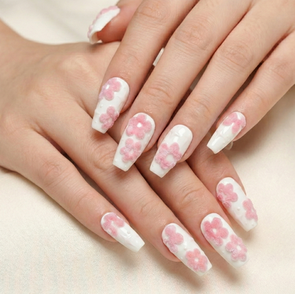 3D Navy Blue Flower Press On Nails - White Pearl Chrome - Porcelain Pottery Art - Summer Mediterranean Gel - Custom Size Set - PN251177