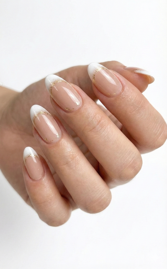 Gold Leaf White French Tip Press On Nails, Elegant Nude Almond Nails, Classy Gold Glitter Fake Nails, Reusable Luxury Glue Ons, Rich Wife - PN251298