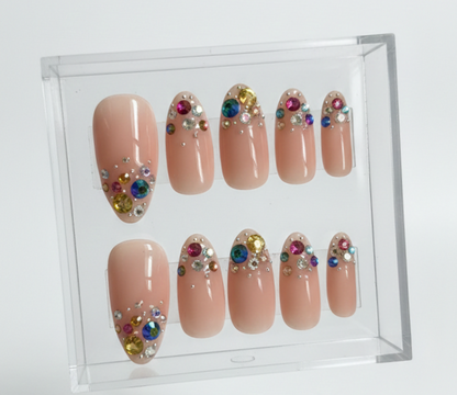 Nude Pink Rainbow Rhinestone Press On Nails - Bridal Wedding - Colorful Crystal Confetti - Y2K McBling Gem - Sparkly Festival - Custom Size Set - PN251226