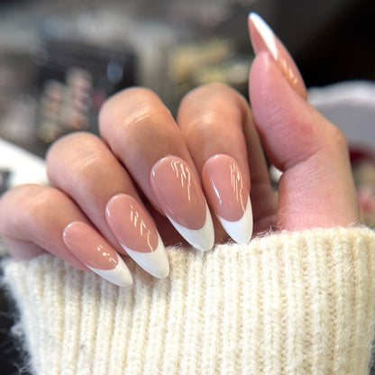 French Tip Press On Nails - Nude Pink Handmade Nails - Luxury Old Money Look Nails - Classic White Tip Press Ons - Custom Size Set - NM233004