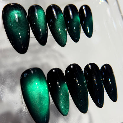 Emerald Green Cat Eye Press On Nails - Party Nails - Night Out Nails - Handmade Gel Nails - Magnetic Shimmer - Custom Size Set - NM233020