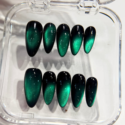 Emerald Green Cat Eye Press On Nails - Party Nails - Night Out Nails - Handmade Gel Nails - Magnetic Shimmer - Custom Size Set - NM233020