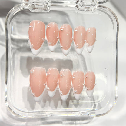 Nude Jelly Pearl French Tip Press On Nails - 3D Pearl Drops - Engagement Nails - Brial Wedding Press On - Custom Size Set - NM233007