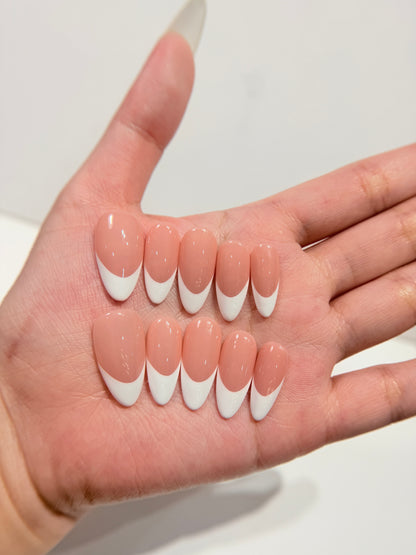 French Tip Press On Nails - Nude Pink Handmade Nails - Luxury Old Money Look Nails - Classic White Tip Press Ons - Custom Size Set - NM233004