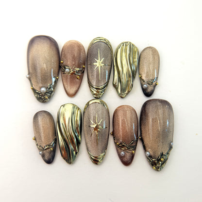 Luxury Brown Gold Cat Eye Press On Nails - 3D Molten Gold & Pearl Nails - Brown Chrome Gel Press Ons - Custom Size Set - NM233023