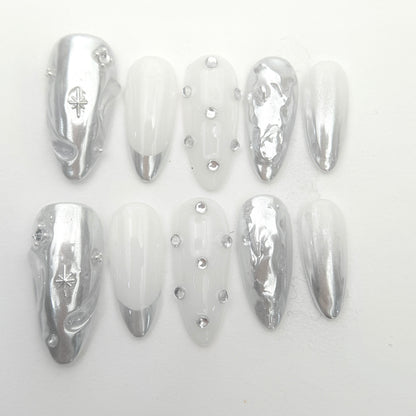 Silver Chrome Molten Press On Nails - White Cat Eye Crystal Accent Nails - Liquid Metal Soft Gel Nails - Custom Size Set - NM233024