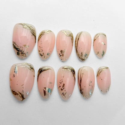 Blush Pink Press On Nails with Gold Foil - Nude Marble Glossy Nails - Elegant Wedding Press On Set - Custom Size Set - NM233032