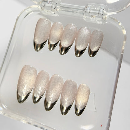 Silver Chrome French Tip Press On Nails - White Velvet Cat Eye - Modern Luxury Manicure - Reusable Gel False Nails - Custom Size Set - NM233035