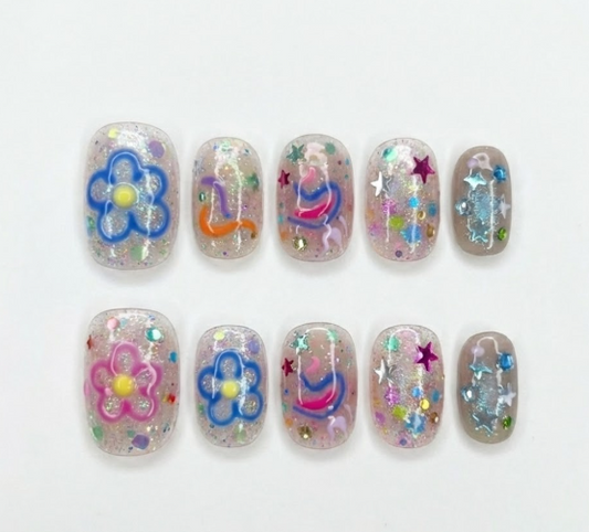 Y2K Glitter Confetti Press On Nails - Hand Painted Flower Doodle -Abstract Swirls - Harajuku Decora Funky Gel - Custom Size Set - PN251178