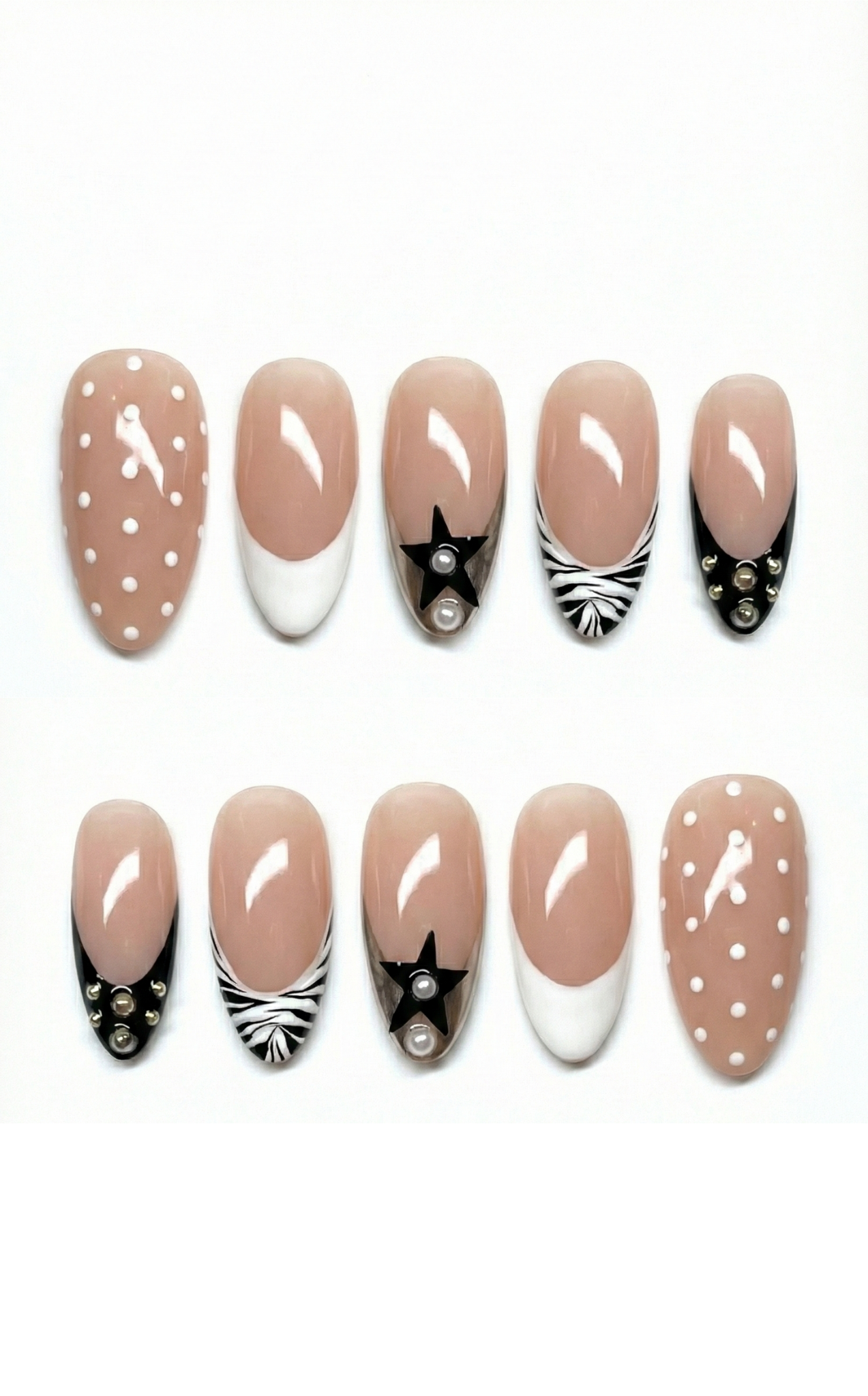 Mix and Match Press On Nails - Black Star & Zebra Print - Old Money Jewelry - White French Tip - Bridal Wedding - Custom Size Set - PN251197