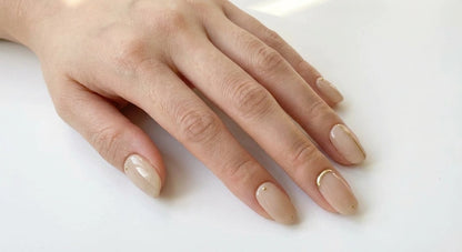 Nude Neutral Press On Nails with Gold Accents - Beige Glossy Gel Nails - Clean Girl Aesthetic - Minimalist Style - Custom Size Set - PN251118