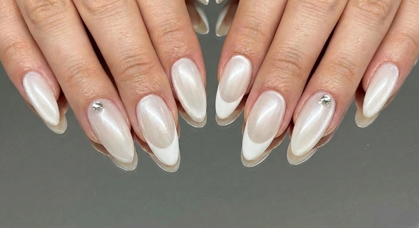 Pearl French Tip Wedding, Engagement Press On Nails - White on White Nails with Crystal Accent - Elegant Soft Gel - Custom Size Set - PN251125