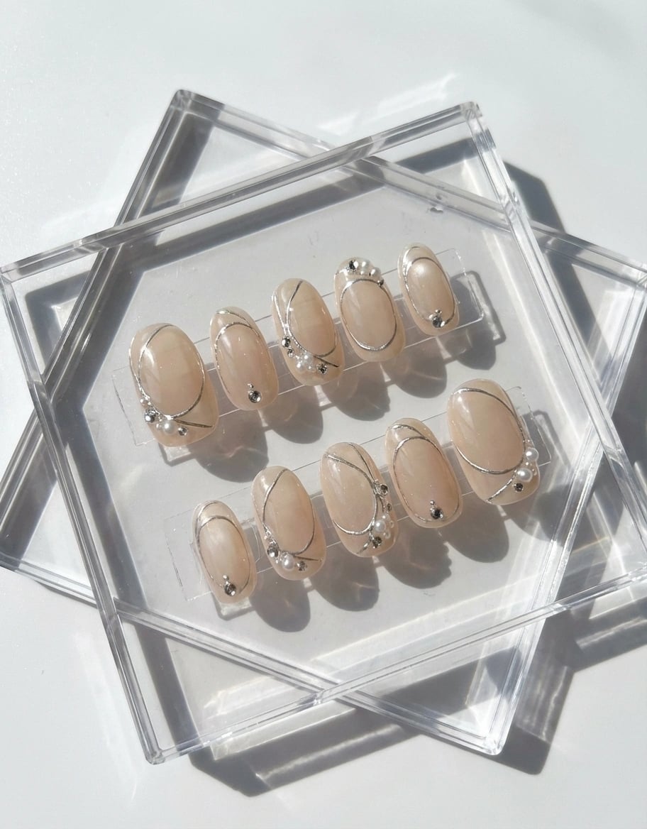 Nude Silver Line Press On Nails with Pearls - Luxury Brial Wedding Nude Nail - Minimalist Elegant Press Ons - Handmade Reusable Custom Size  - PN251122