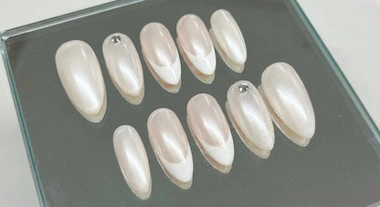 Pearl French Tip Wedding, Engagement Press On Nails - White on White Nails with Crystal Accent - Elegant Soft Gel - Custom Size Set - PN251125