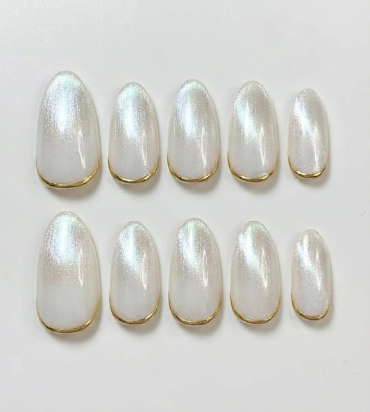 Pearl White Glazed Press On Nails - Gold Chrome Micro French Tip - Minimalist Clean Girl Wedding, Classic Brial  - Custom Size Set - PN251130