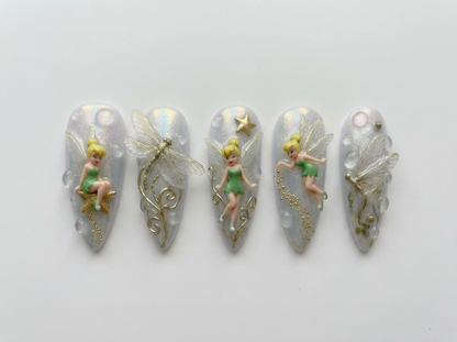 Tinkerbell Fairy Press on Nails, 3D Dragonfly Glazed Opal Wedding Set, Gold Pixie Dust Fantasy Reusable Soft Gel False Nails, Gift For Her - CT260902